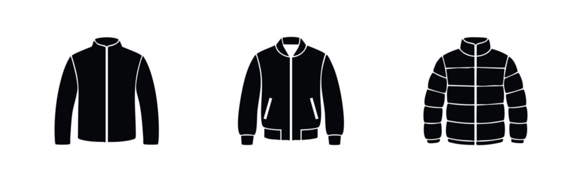 Minimalist collection of black jacket icons: windbreaker, bomber, and puffer styles. Flat vector silhouettes for fashion and apparel design.