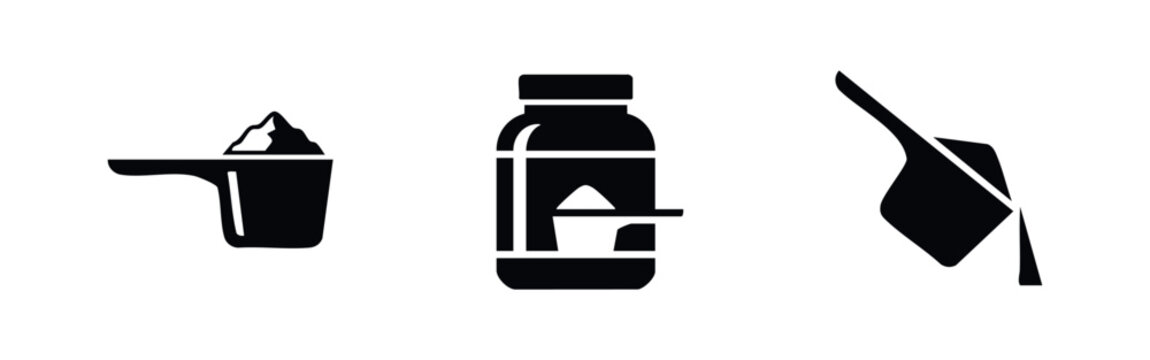 Set of three black minimalist icons representing a scoop of powder, a supplement jar, and pouring powder, ideal for fitness or laundry design.