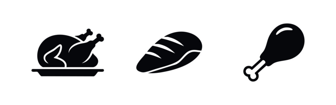Set of minimalist black icons featuring a whole roasted turkey, a chicken breast fillet, and a drumstick on a clean white background.