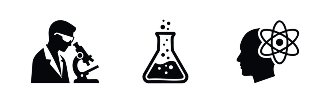 Science icon set featuring a scientist using a microscope, a bubbling chemical flask, and a human head with an atom symbol for research and discovery.