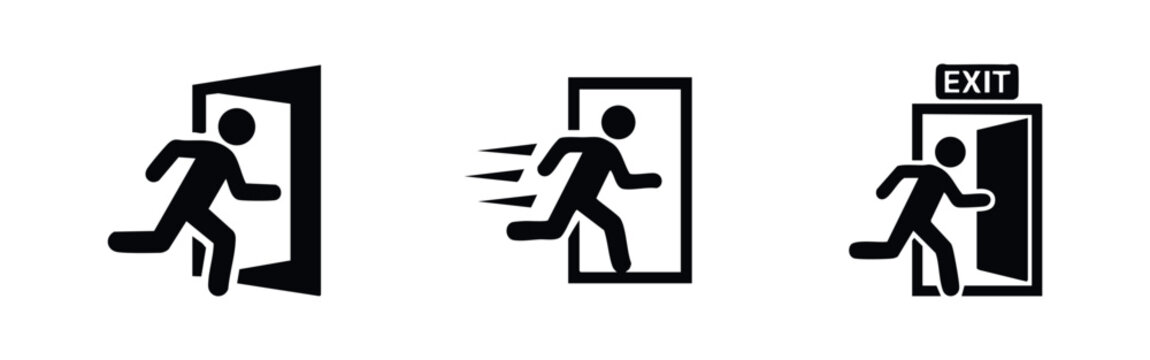 Black emergency exit icon set featuring running man silhouettes and open doors. Minimalist signs for fire safety, evacuation, and egress directions.