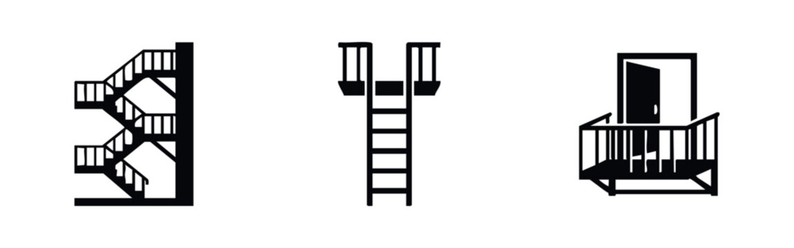 Set of minimalist black icons featuring a fire escape staircase, vertical safety ladder, and emergency exit door on a white background.
