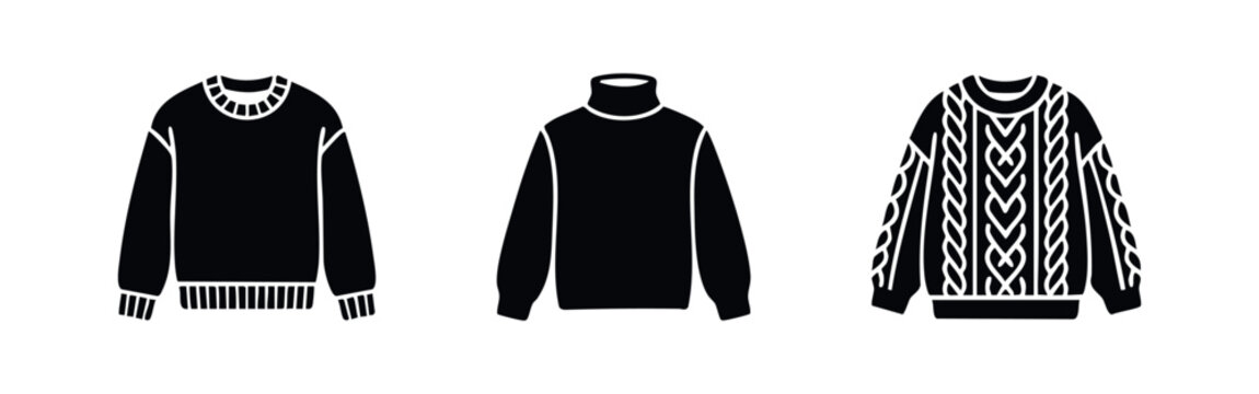Set of minimalist black sweater silhouettes: crewneck, turtleneck, and cable knit designs. Perfect for winter fashion icons and graphic design.