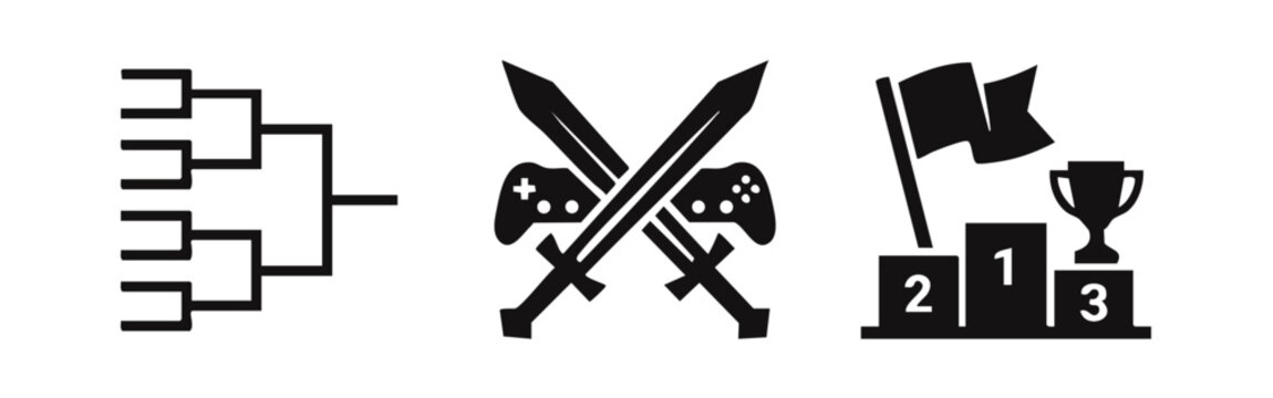 Set of black icons for esports tournaments featuring a competition bracket, crossed swords with gamepads, and a winner's podium with a trophy.