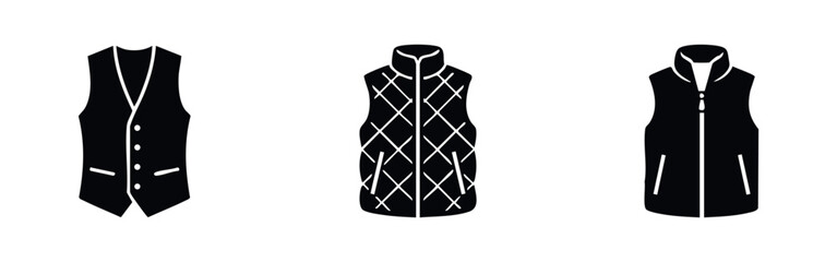 Set of black vest icons featuring a formal waistcoat, quilted puffer gilet, and zipper sports vest. Isolated vector silhouettes on white background. © Lili