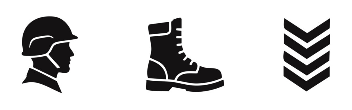 Professional set of military-themed black icons featuring a soldier in a helmet, a rugged combat boot, and sergeant rank insignia silhouettes.