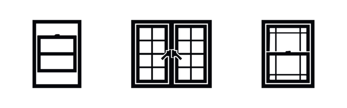 Set of three minimalist window icons in black and white, featuring different architectural styles like casement and double-hung windows.