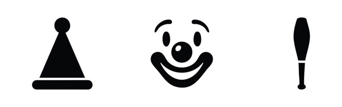 Minimalist circus icon set featuring a happy clown face, a festive party hat, and a juggling club on a white background. Simple graphic design.