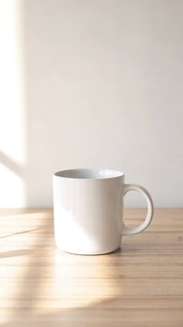 Minimalist white ceramic mug mockup on wooden table with natural window sunlight