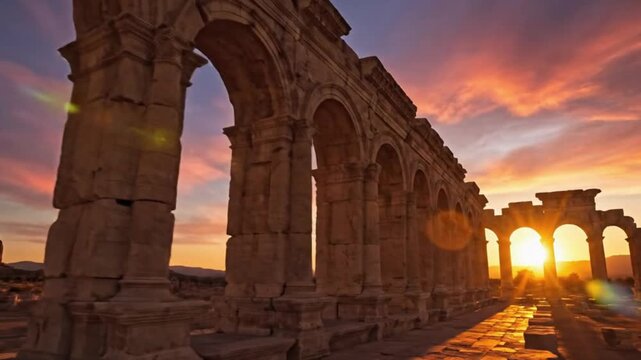 Ancient Roman Arches at Sunset, Palmyra, Syria - Historic Ruins and Golden Light