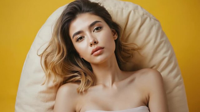 Stylish portrait of a young woman with long brown hair laying on white couch against yellow background