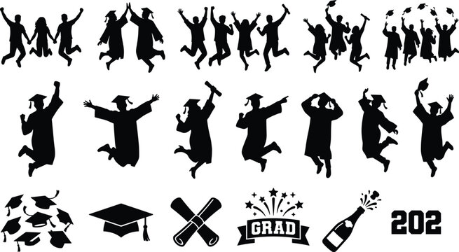 Graduation party icons featuring happy students jumping caps and commemorative items set