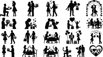Obraz premium Romantic couple silhouettes celebrating love with gifts dancing and proposals