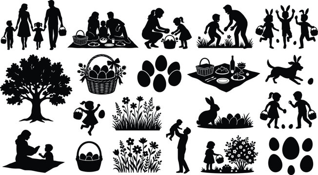 Spring easter family picnic silhouette collection with children playing and egg hunt fun