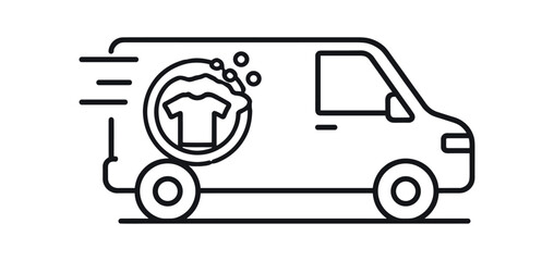 A linear outline of a delivery van showing motion lines and a circular washing logo with a shirt and bubbles, ideal for laundry delivery, service branding, or app icons. © Framezy