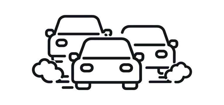 Three cars in traffic with exhaust puffs for transport and pollution concept flat vector icon