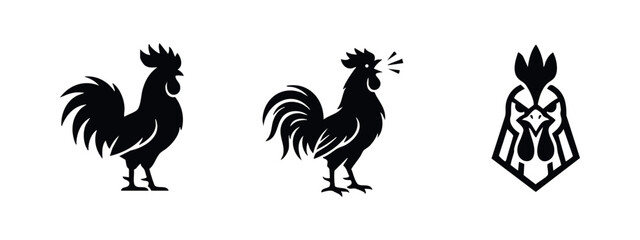 Set of black rooster icons and logo designs on a white background, featuring profile silhouettes and a stylized mascot head. © Lili