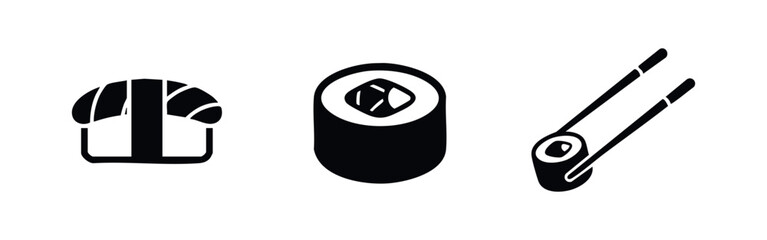 Collection of three minimalist black and white sushi icons including nigiri, maki, and chopsticks, ideal for restaurant menus and culinary branding. © Lili