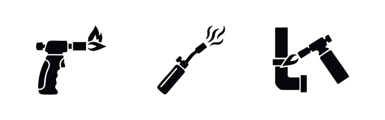 Fototapeta premium Black silhouette icon set featuring gas blowtorches for soldering and plumbing repairs. Professional tool illustrations isolated on white.