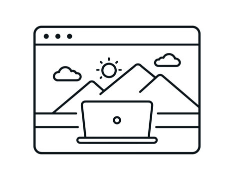 Laptop on scenic webpage icon. landscape header, travel blog, remote work, hero image, web design. line vector illustration.