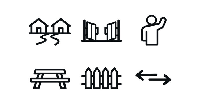 Outdoor amenities and direction icon set. cottages, gate, waving person, picnic table, fence, arrows. line and flat vector icon set.