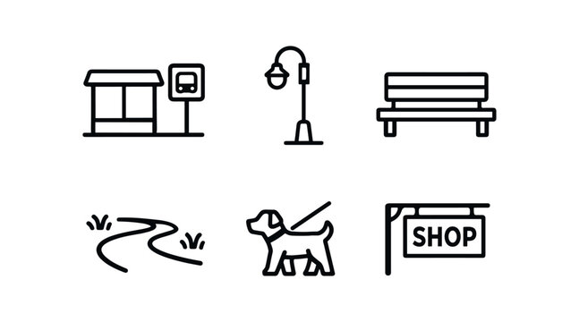 Park and street amenities icon set. bus stop, timetable sign, lamppost, bench, walking path, dog on leash, shop sign. line vector icon set.
