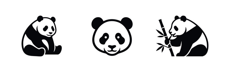 Set of minimalist black and white panda bear icons featuring a full body, a headshot, and a panda eating bamboo. Clean vector illustration. © Lili