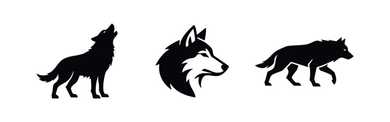 Set of three minimalist black wolf illustrations featuring a howling silhouette, a detailed head profile, and a stalking wolf icon on white background. © Lili