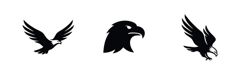 Naklejka premium A set of three minimalist black eagle logos featuring an eagle in flight, a head silhouette, and a diving eagle on a white background.