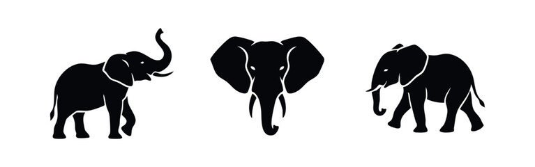 Collection of black elephant silhouettes and icons featuring side profiles and a frontal head view on a white background for nature and safari branding. © Lili