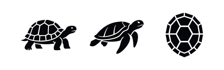 Set of black turtle and tortoise silhouette icons featuring a land tortoise, swimming sea turtle, and shell pattern on white background.