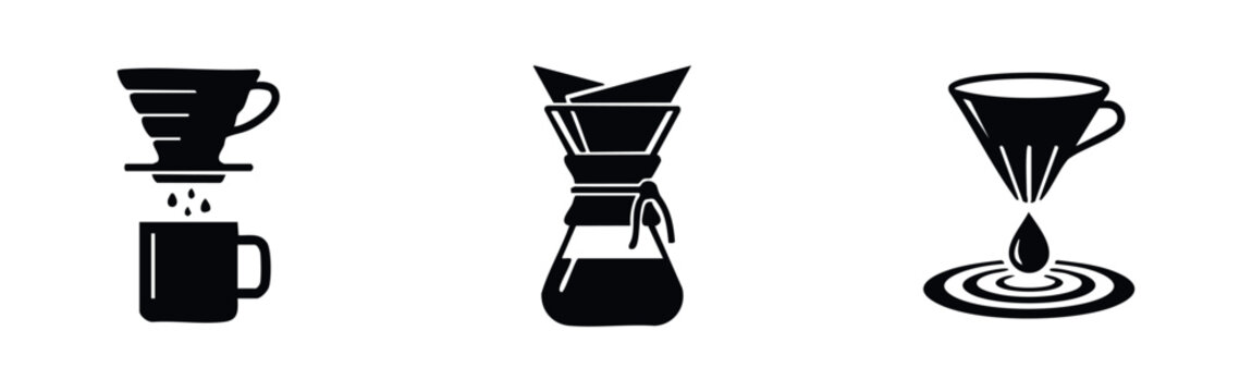 Black vector icons of manual pour-over coffee brewing equipment, including dripper, chemex, and mug, isolated on a white background.