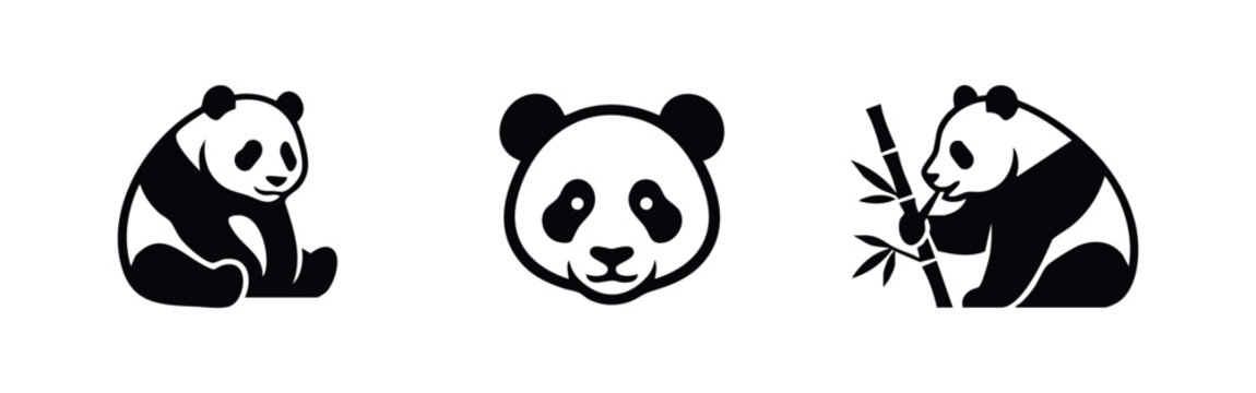 Set of minimalist black and white panda bear icons featuring a full body, a headshot, and a panda eating bamboo. Clean vector illustration.