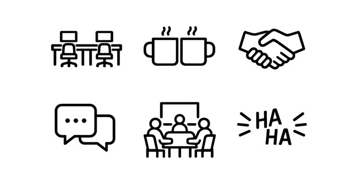 Teamwork and social icons set. office desks, coffee break, handshake, chat, meeting, laughter. line vector illustration.