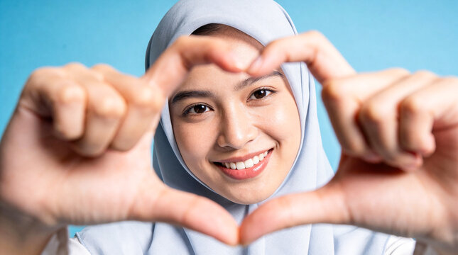 Smiling woman forms a heart shape with her fingers, showing love and affection