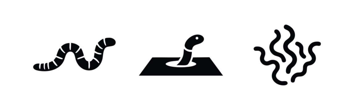 Minimalist black icons of worms, including an earthworm, a worm in a hole, and a cluster of squiggly parasites or larvae on a white background.