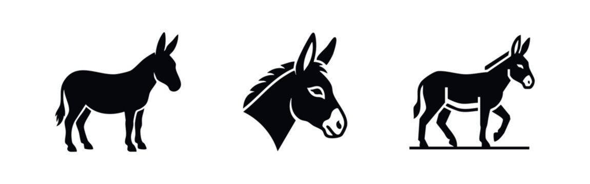 Collection of three black donkey silhouettes including full body and head profile icons, isolated on white for logos and design.