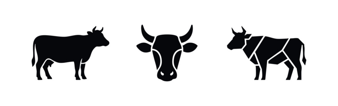Professional set of black cow and bull silhouettes, including profile views and a frontal head icon. Minimalist flat design for farm and meat logos.