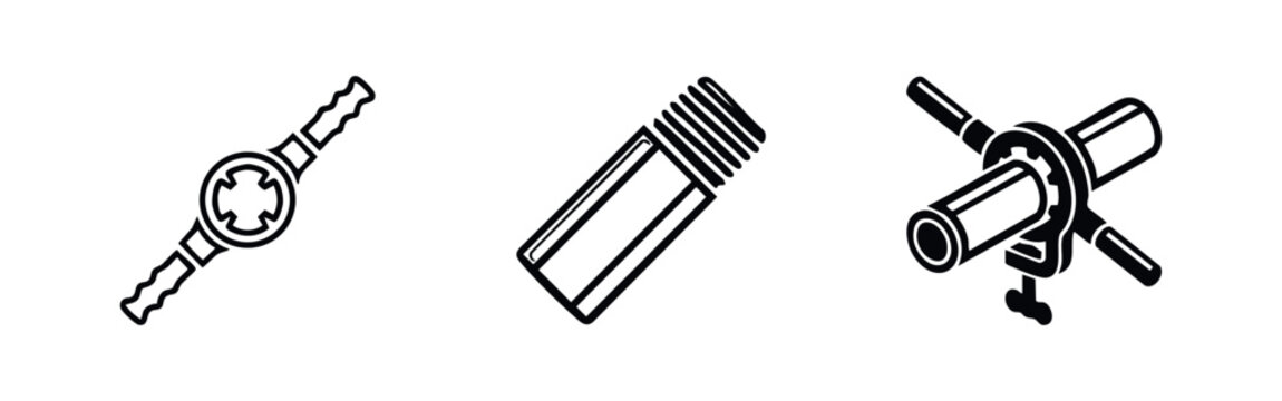 Set of black and white icons for pipe threading: includes a die stock handle, a threaded pipe section, and a manual threader tool in operation.
