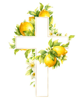 First communion invitation mockup, watercolor cross with lemons on white background for baptism stationery, elegant religious wedding program template and personalized christening card 