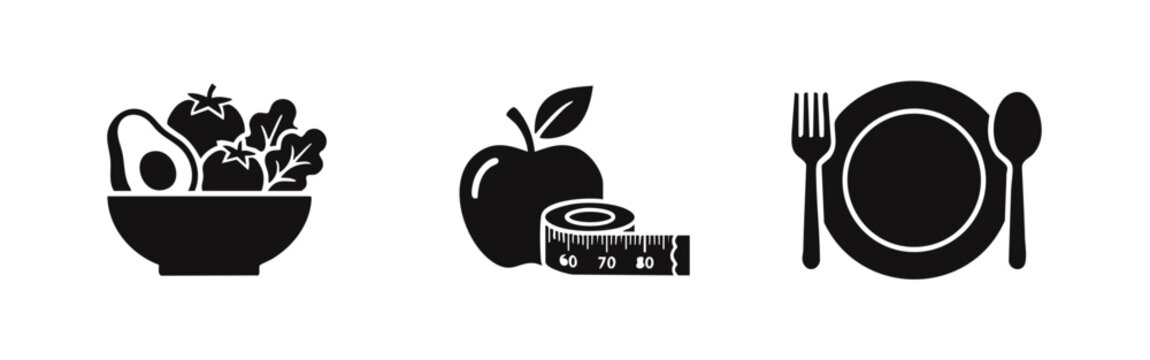 Flat vector icons representing healthy lifestyle, nutrition, and weight loss, including a salad bowl, apple with measuring tape, and dinner plate.