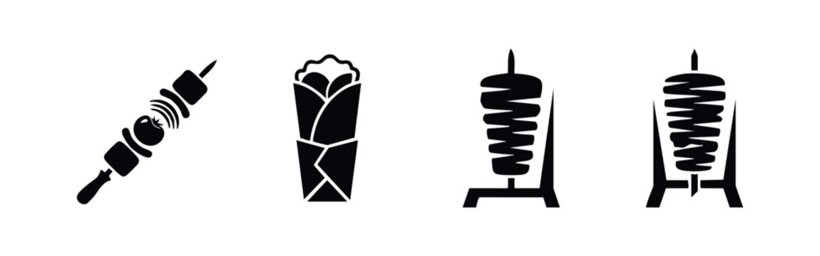 Collection of black flat icons representing Middle Eastern street food like shawarma wrap, shish kebab, and doner meat rotisserie on white.