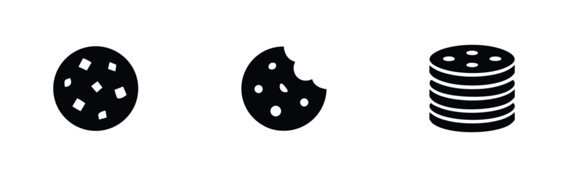 A set of minimalist black cookie icons, including a whole cookie, a bitten cookie, and a stack of cookies, isolated on a white background.