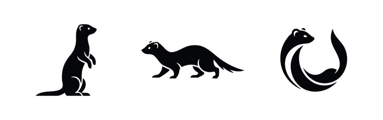 Fototapeta premium Set of three black ferret or weasel silhouettes in standing, walking, and stylized logo poses, isolated on a clean white background.