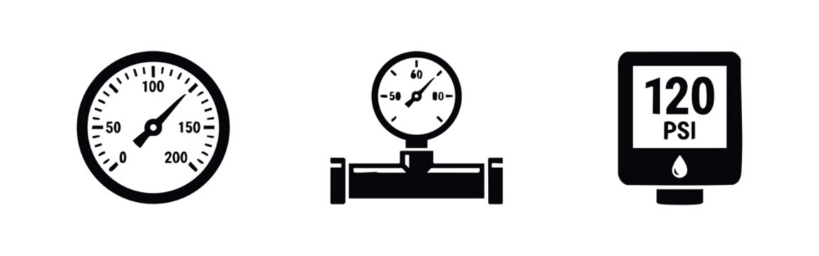 Set of black and white pressure gauge icons, featuring analog dials and a digital PSI display for industrial, plumbing, and engineering use.