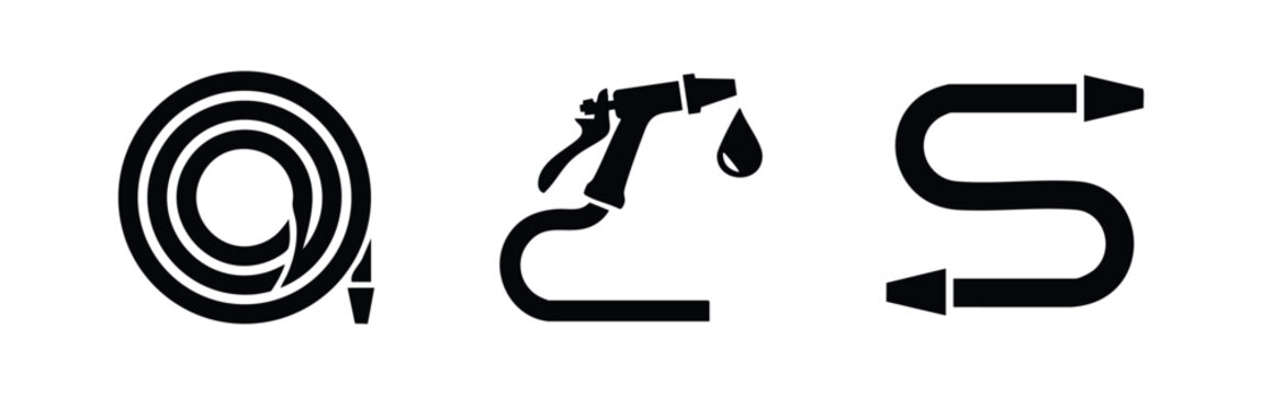 A set of minimalist black vector icons featuring a coiled garden hose, a spray nozzle with a water drop, and an S-shaped hose segment.