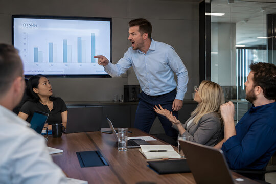 Angry employee standing up during tense office meeting while shocked coworkers react in modern conference room, capturing workplace conflict, stress and corporate tension.
