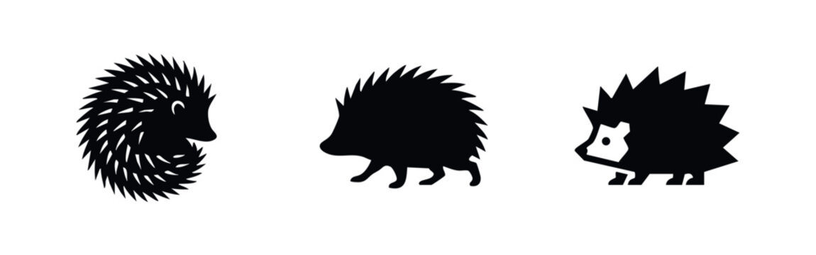 Collection of three minimalist black hedgehog icons and silhouettes in various styles, isolated on a white background.