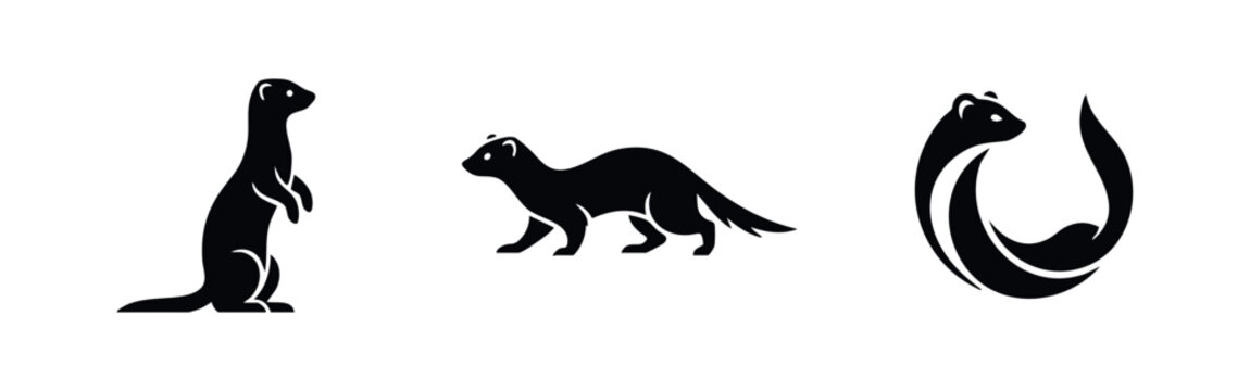 Set of three black ferret or weasel silhouettes in standing, walking, and stylized logo poses, isolated on a clean white background.