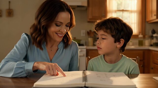 Woman helping a boy with his homework at the kitchen table. Mother guiding student in math study, teaching son school lesson. Educational support at home life.